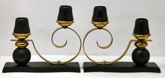 Art Deco Wooden and Brass Pair of Candlesticks, 1930s