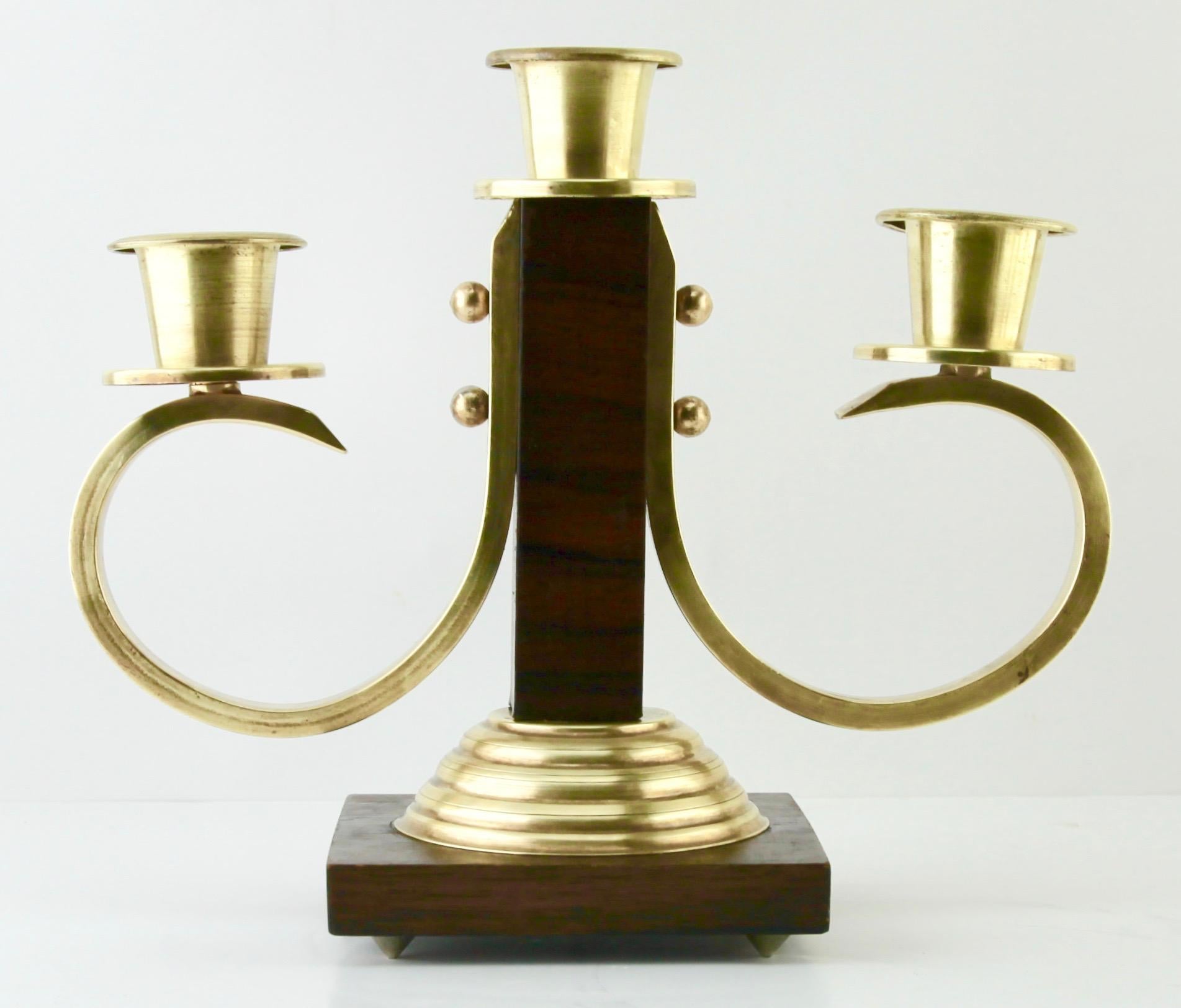 Belgian Art Deco Wooden and Brass Pair of Candlesticks, 1930s For Sale