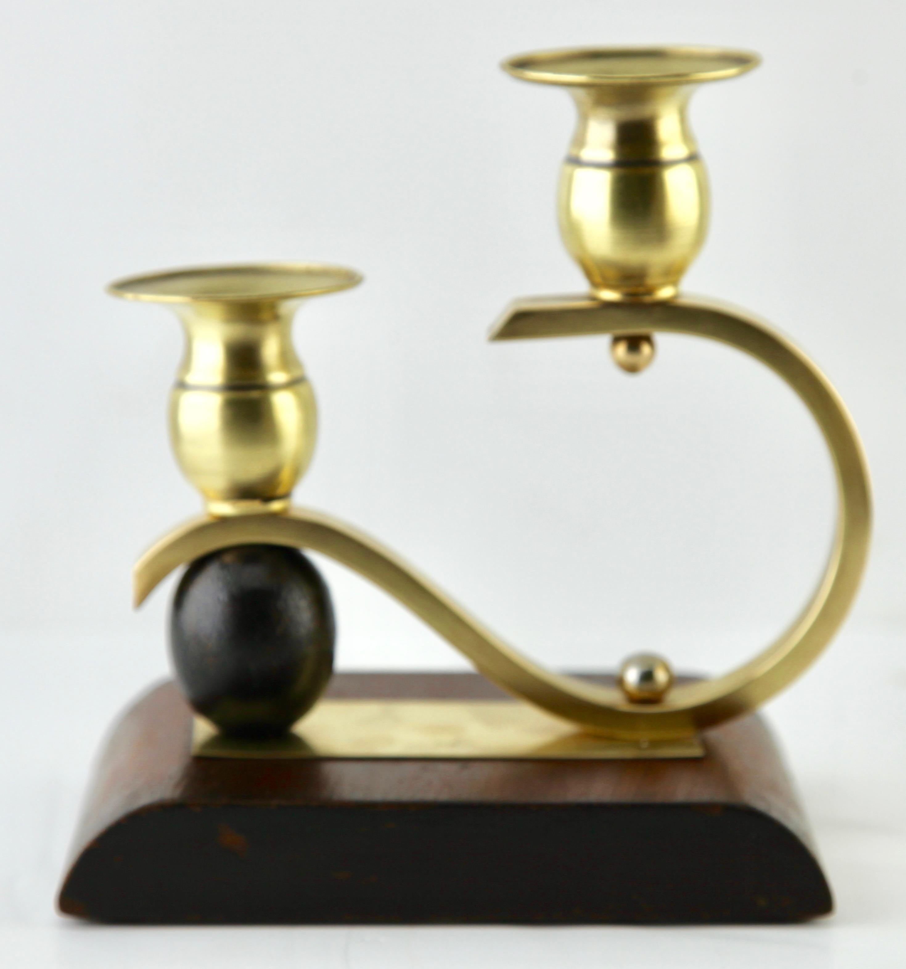 Molded Art Deco Wooden and Brass Pair of Candlesticks, 1930s