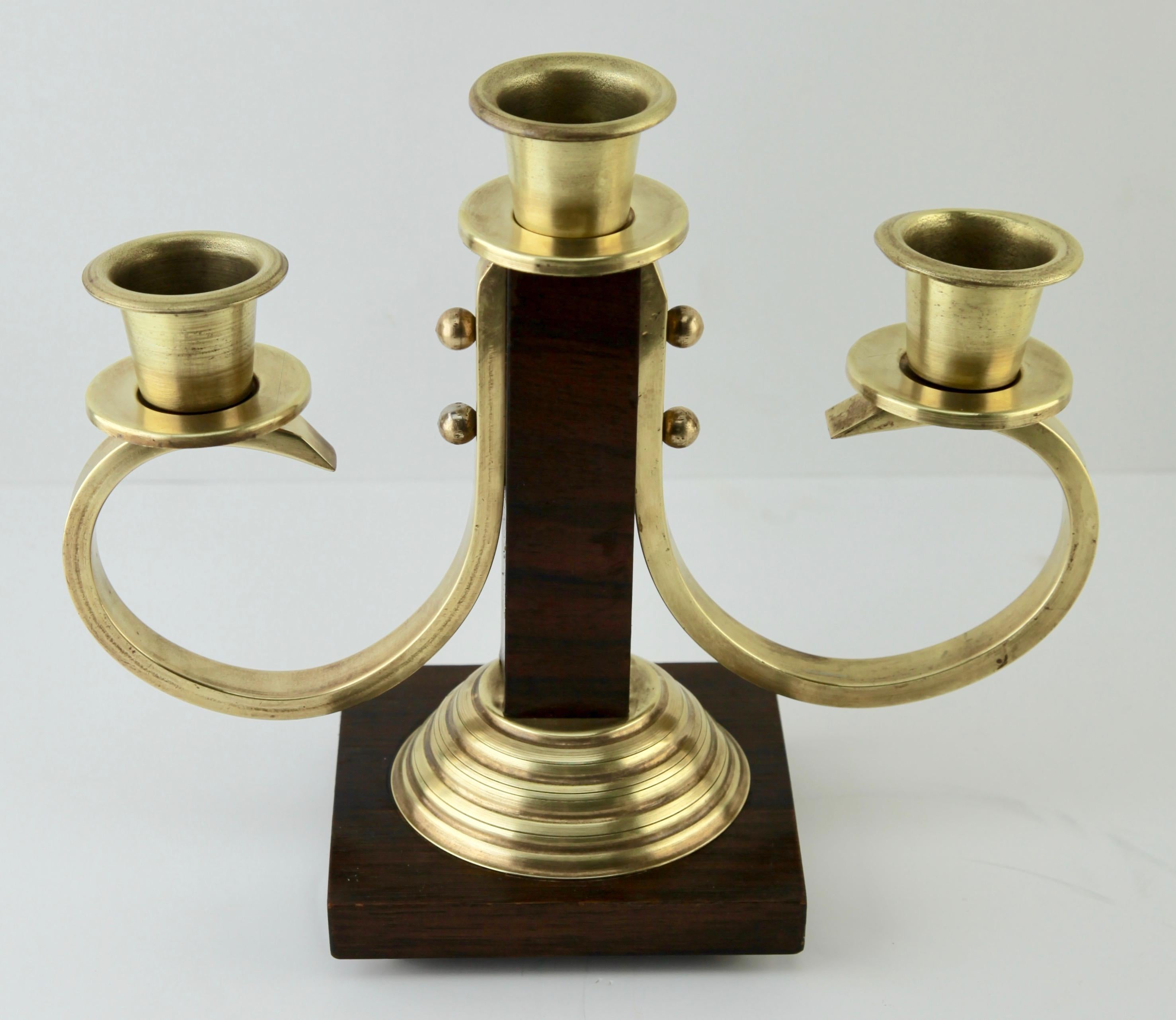 Hand-Crafted Art Deco Wooden and Brass Pair of Candlesticks, 1930s For Sale