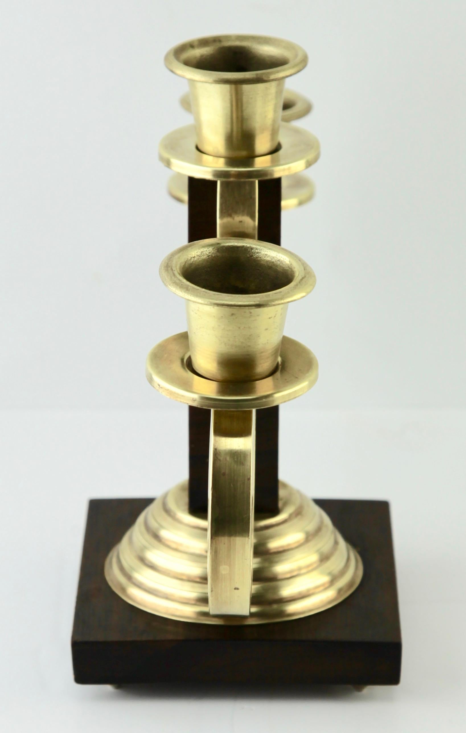 Art Deco Wooden and Brass Pair of Candlesticks, 1930s In Good Condition For Sale In Verviers, BE