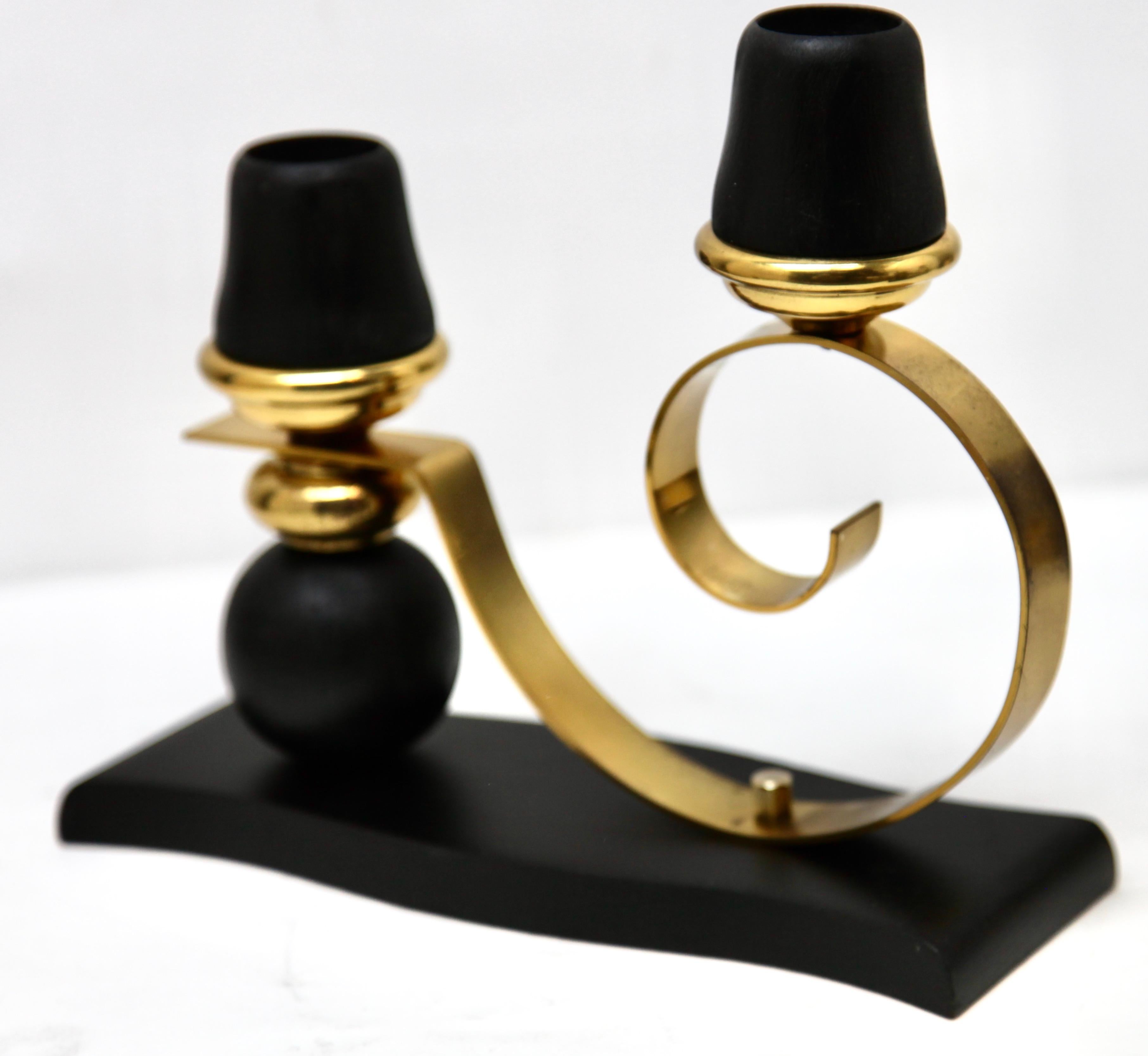 Art Deco Wooden and Brass Pair of Candlesticks, 1930s In Good Condition For Sale In Verviers, BE