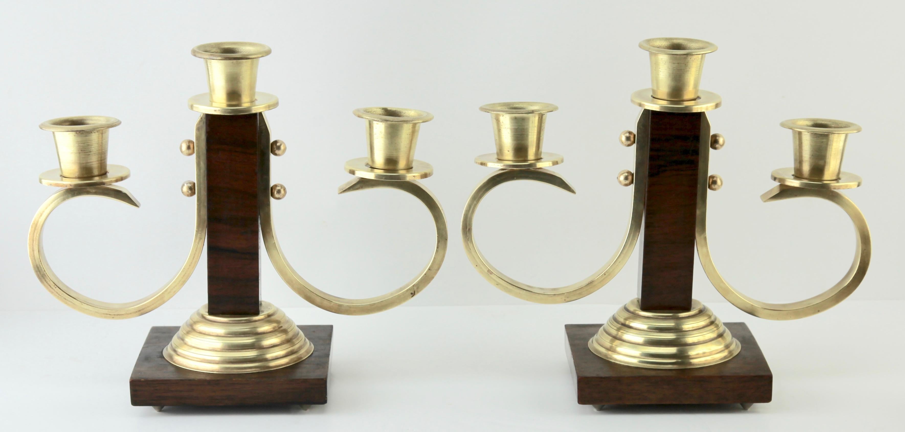 Mid-20th Century Art Deco Wooden and Brass Pair of Candlesticks, 1930s For Sale