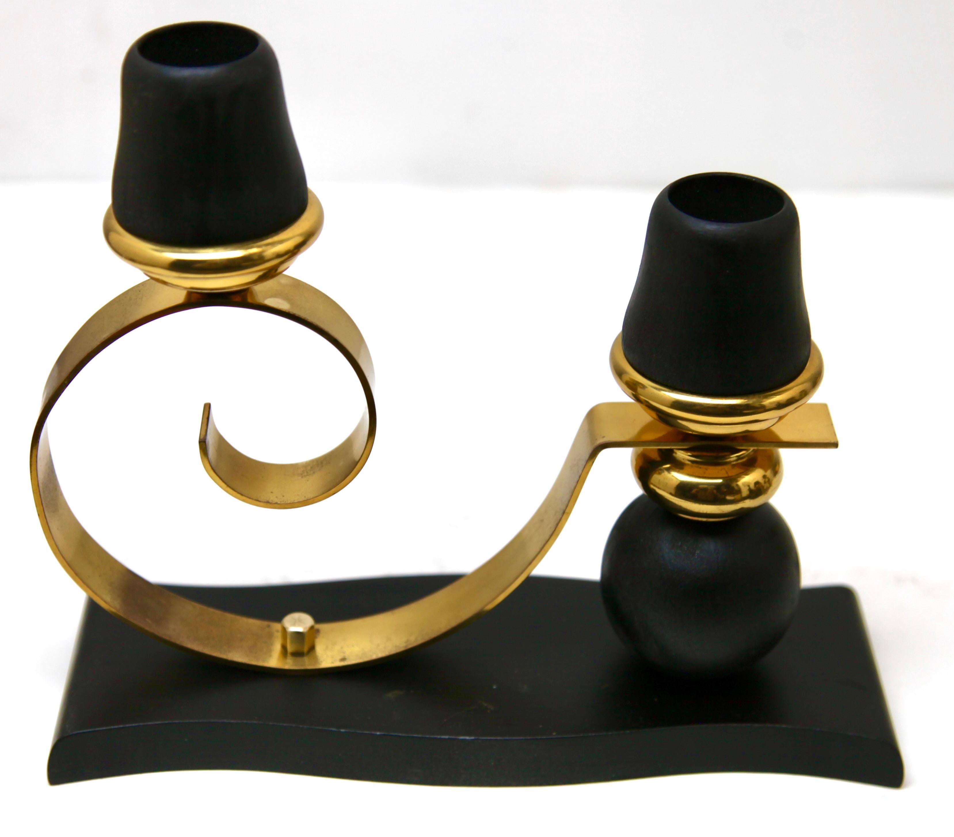 Art Deco Wooden and Brass Pair of Candlesticks, 1930s For Sale 2