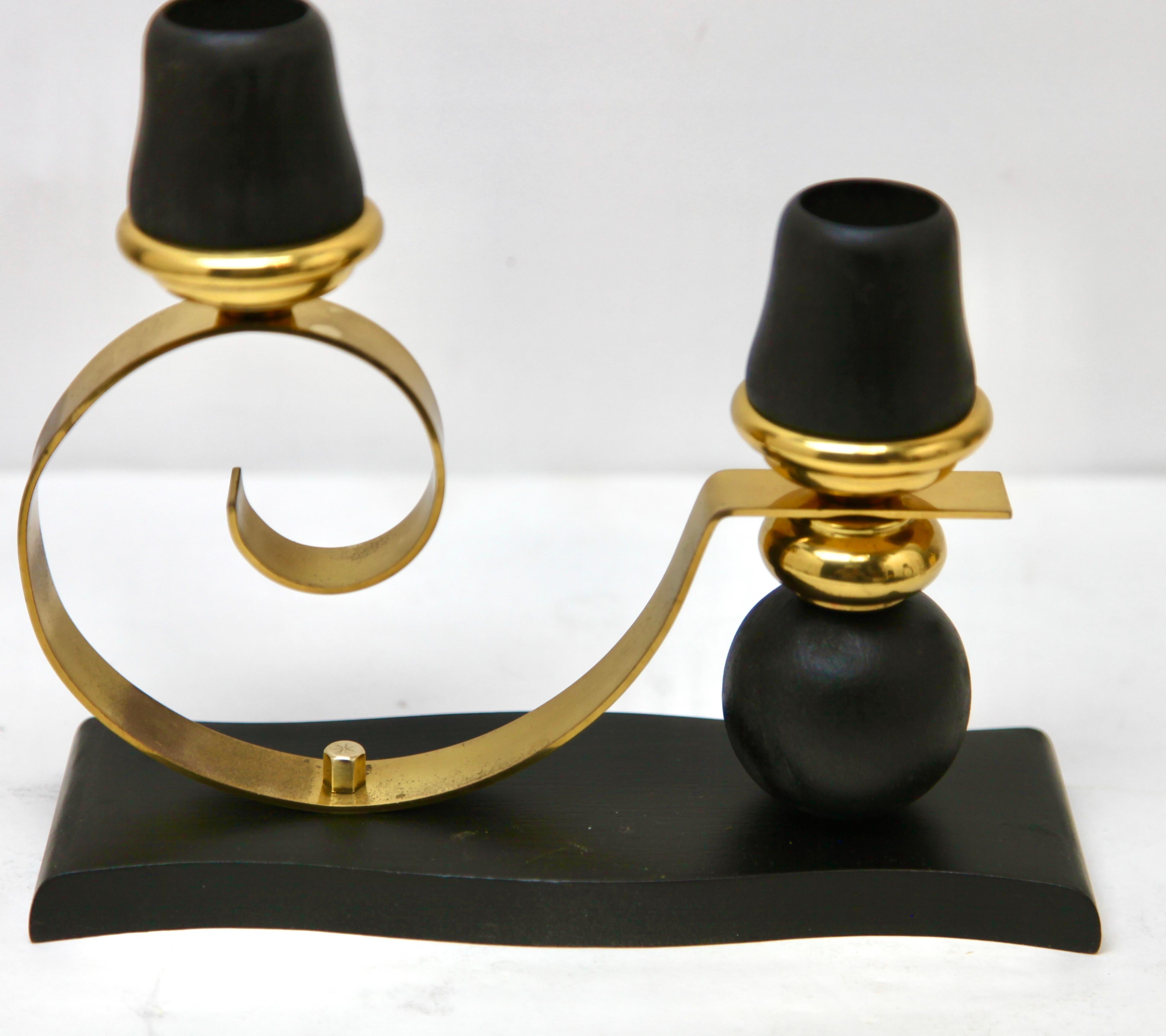 Art Deco Wooden and Brass Pair of Candlesticks, 1930s For Sale 3