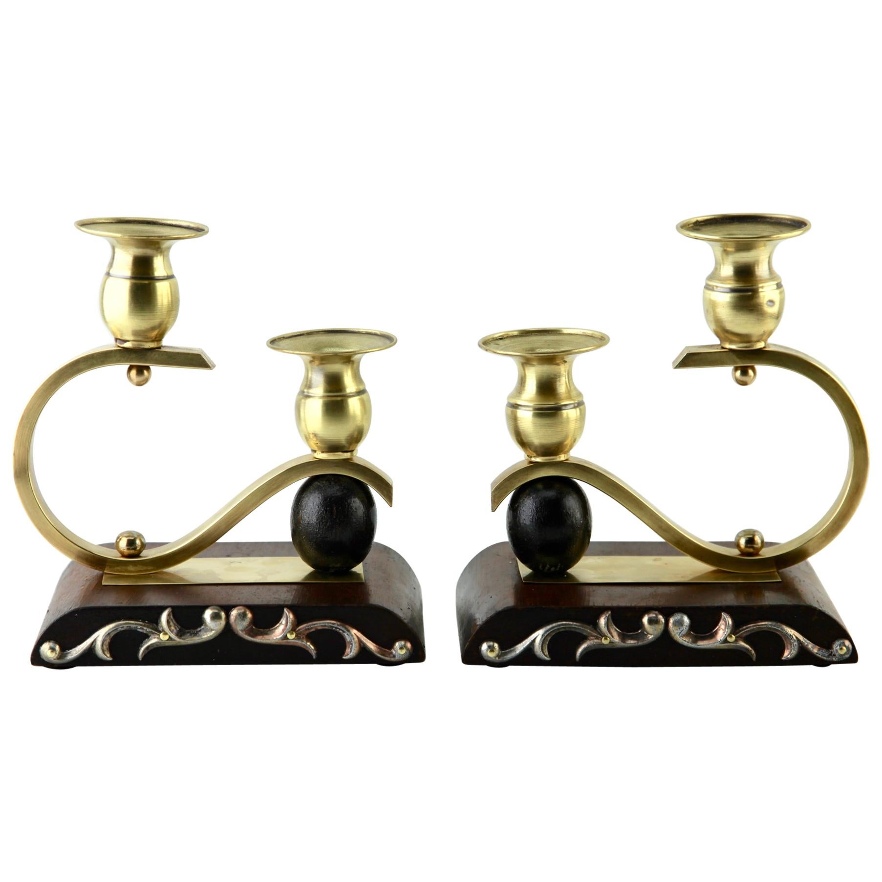 Art Deco Wooden and Brass Pair of Candlesticks, 1930s