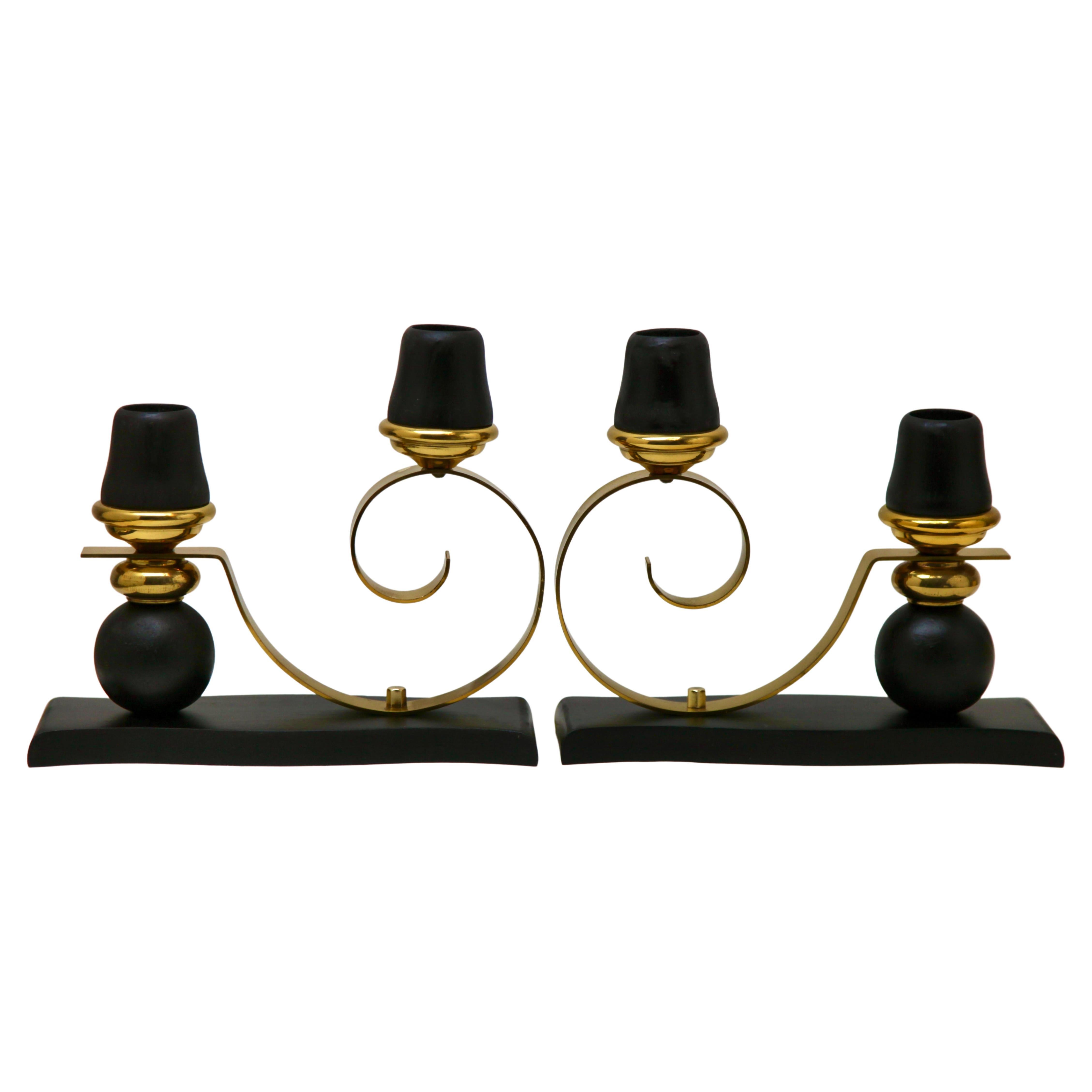 Art Deco Wooden and Brass Pair of Candlesticks, 1930s