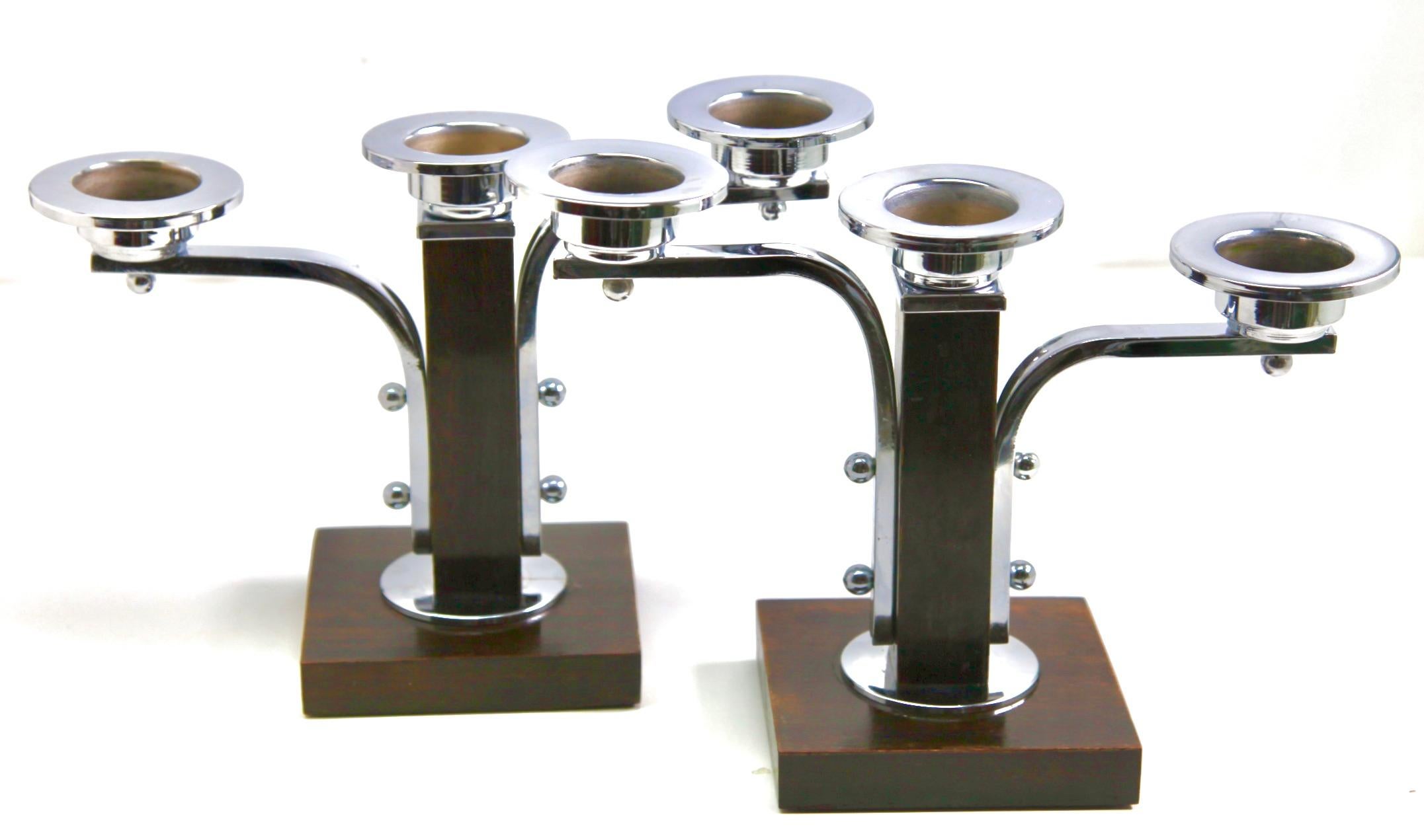 Belgian Art Deco Wooden and Chrome Pair of Candlesticks, 1930s