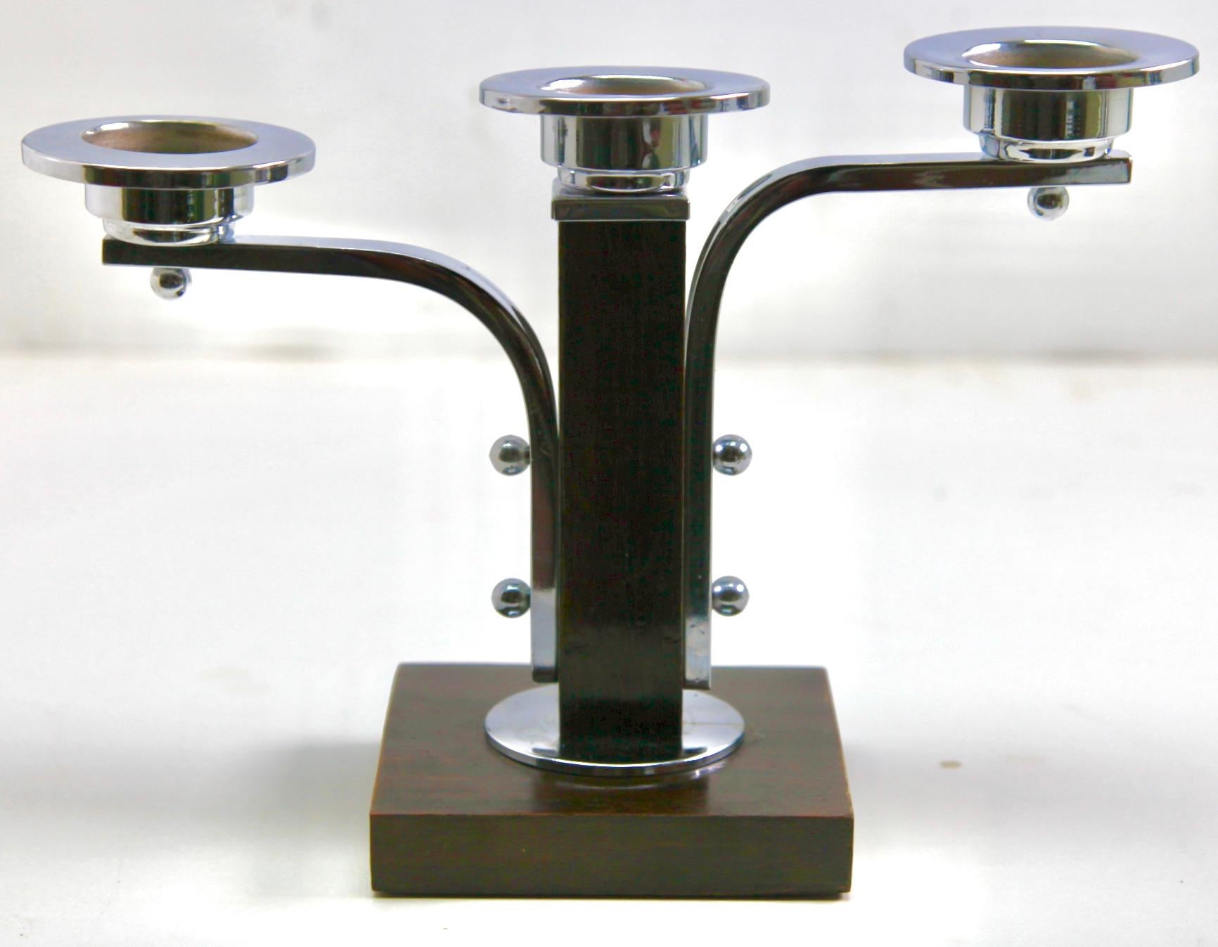 Art Deco Wooden and Chrome Pair of Candlesticks, 1930s 1