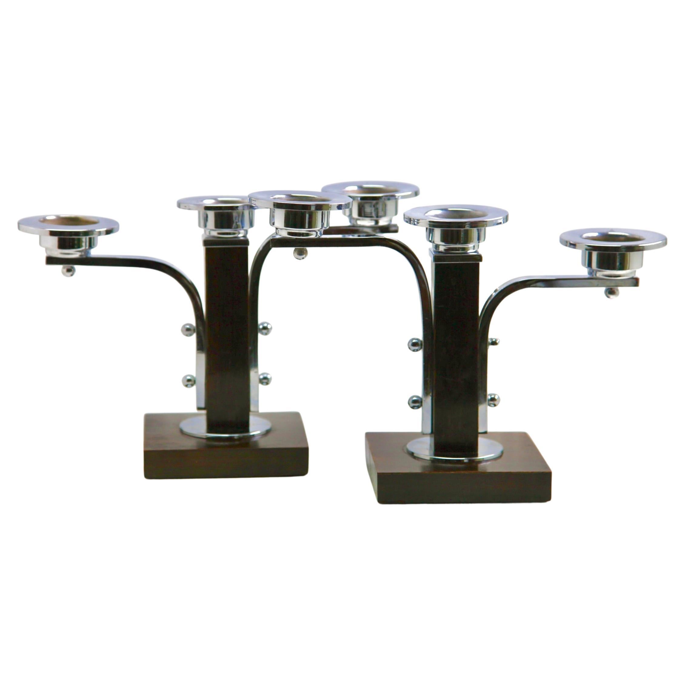 Art Deco Wooden and Chrome Pair of Candlesticks, 1930s