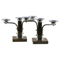 Art Deco Wooden and Chrome Pair of Candlesticks, 1930s