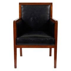 French Art Deco Wooden Armchair Upholstered in Blue Leather