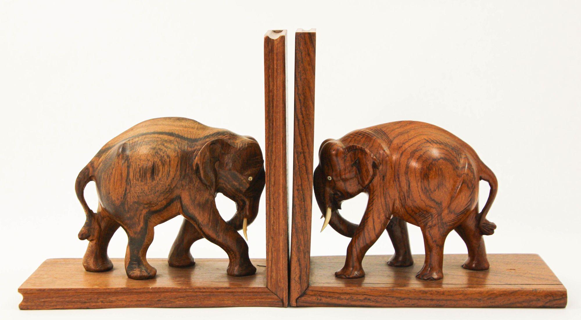 Art Deco Wooden Asian Elephant Bookends Hand Carved Rosewood India 1940s For Sale 6