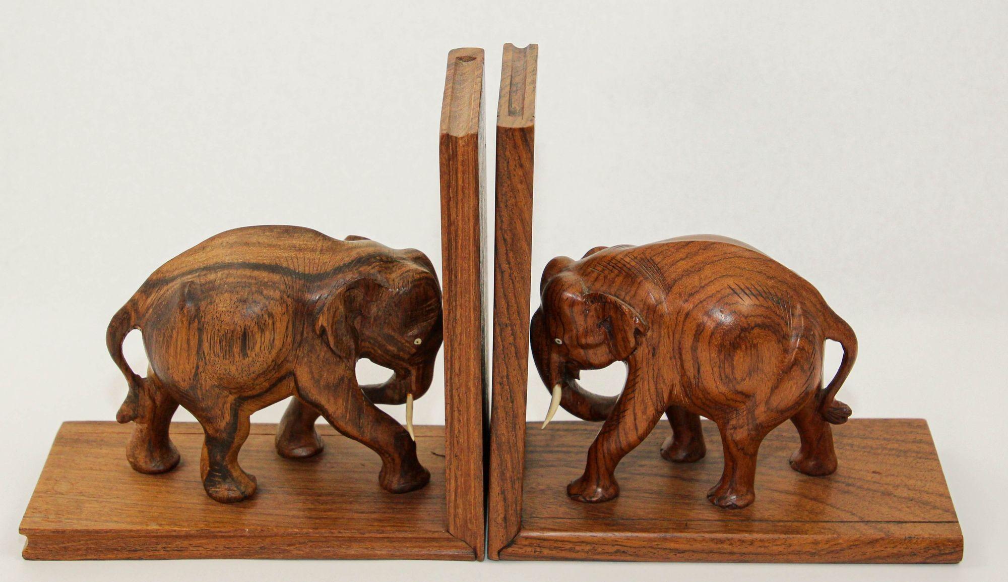 Indian Art Deco Wooden Asian Elephant Bookends Hand Carved Rosewood India 1940s For Sale