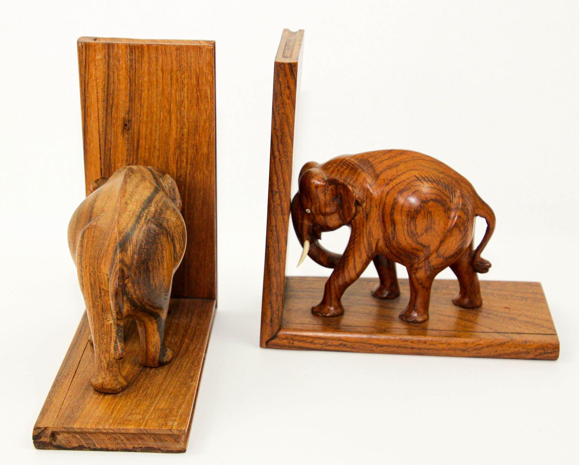Hand-Carved Art Deco Wooden Asian Elephant Bookends Hand Carved Rosewood India 1940s For Sale