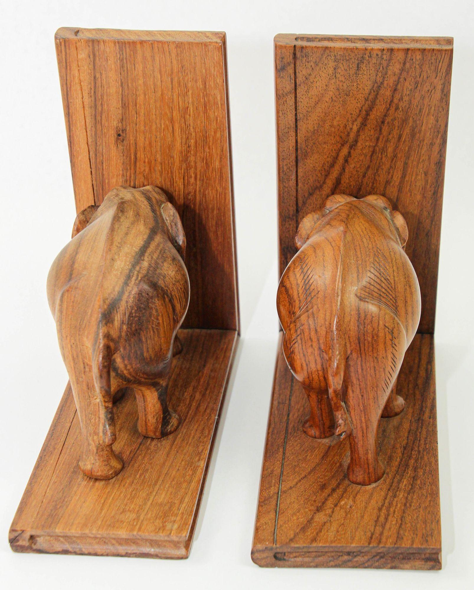 Art Deco Wooden Asian Elephant Bookends Hand Carved Rosewood India 1940s In Good Condition For Sale In North Hollywood, CA
