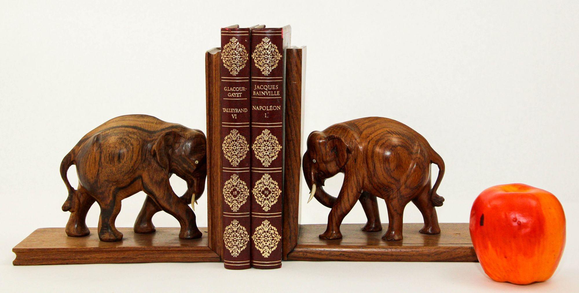 Art Deco Wooden Asian Elephant Bookends Hand Carved Rosewood India 1940s For Sale 2