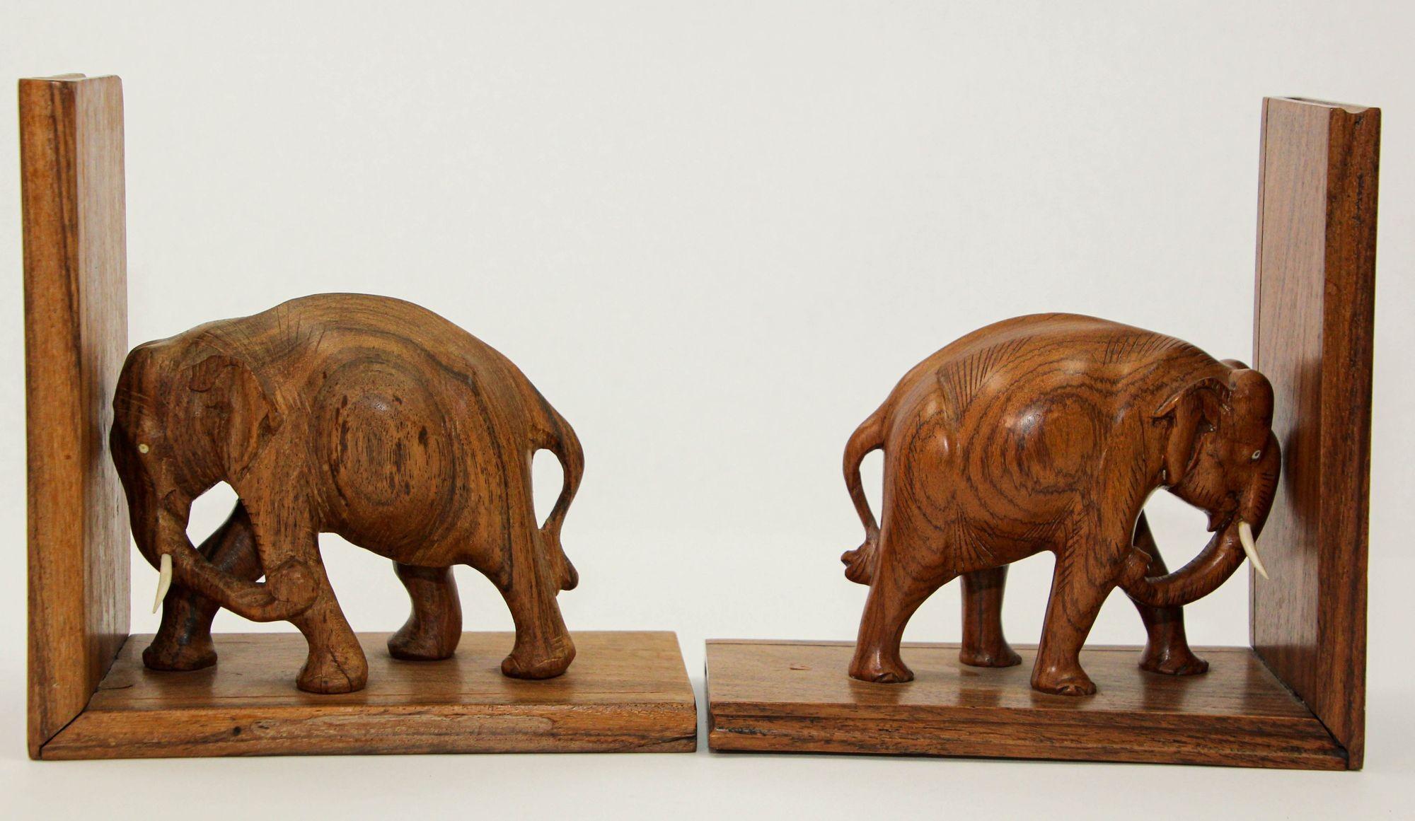 Art Deco Wooden Asian Elephant Bookends Hand Carved Rosewood India 1940s For Sale 3