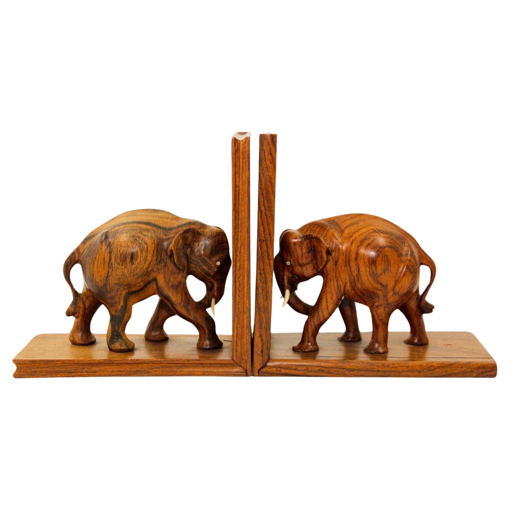 Art Deco Wooden Asian Elephant Bookends Hand Carved Rosewood India 1940s For Sale