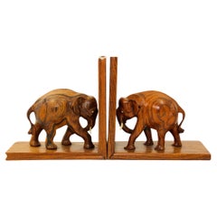 Art Deco Wooden Asian Elephant Bookends Hand Carved Rosewood India 1940s
