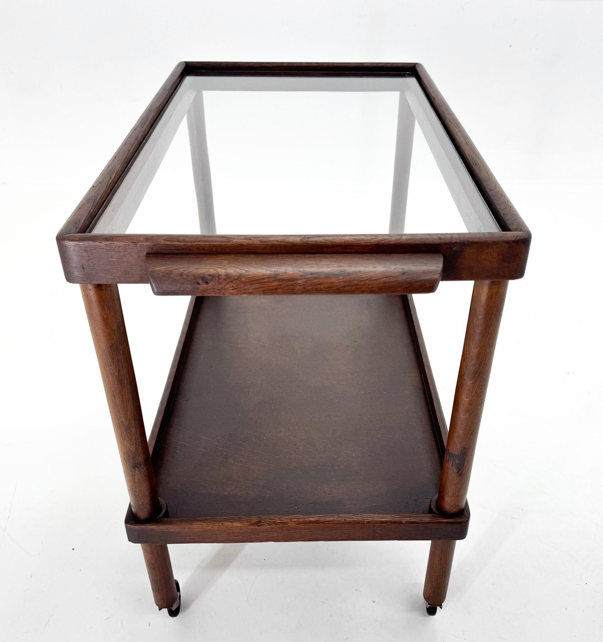 20th Century Art Deco Wooden Bar Cart with Glass Top, 1920's For Sale