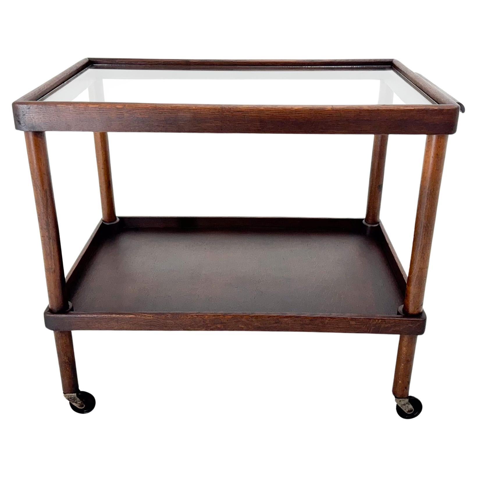Art Deco Wooden Bar Cart with Glass Top, 1920's For Sale
