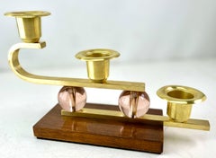 Art Deco Wooden Base and Brass Candlestick whit Glass Details, 1930s