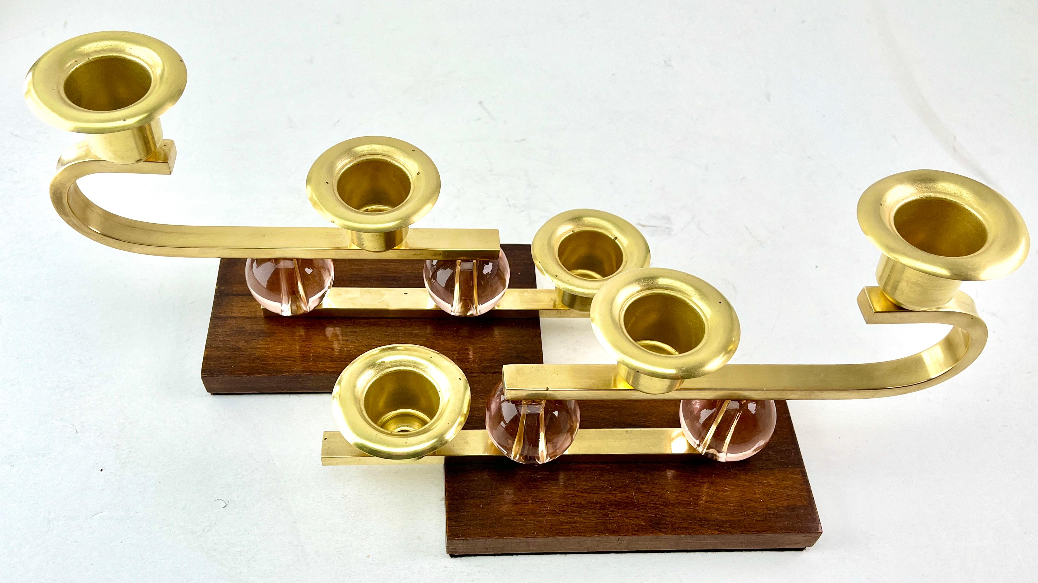 Belgian Art Deco Wooden Base and Brass Candlestick whit Glass Details, 1930s For Sale
