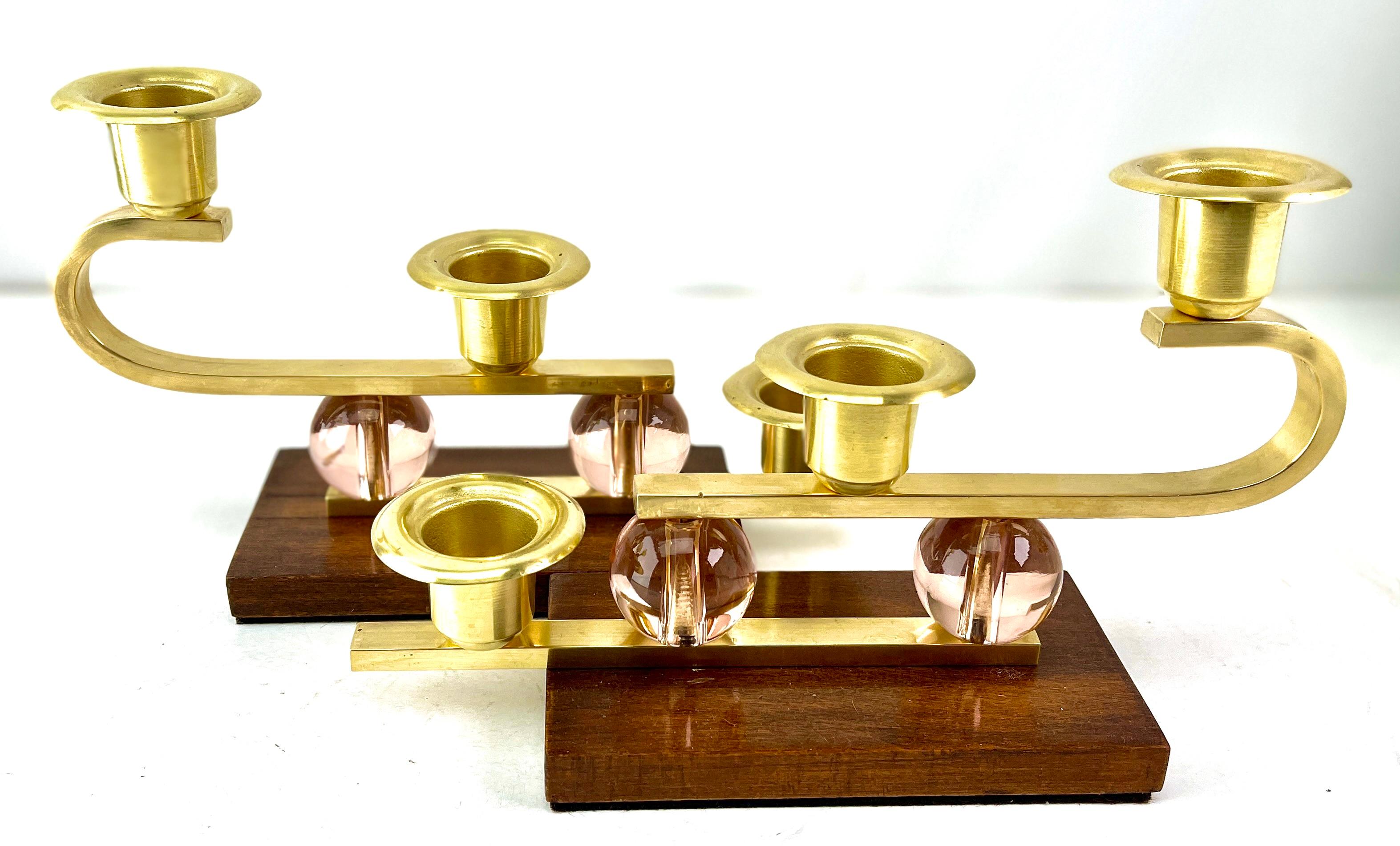Hand-Crafted Art Deco Wooden Base and Brass Candlestick whit Glass Details, 1930s For Sale