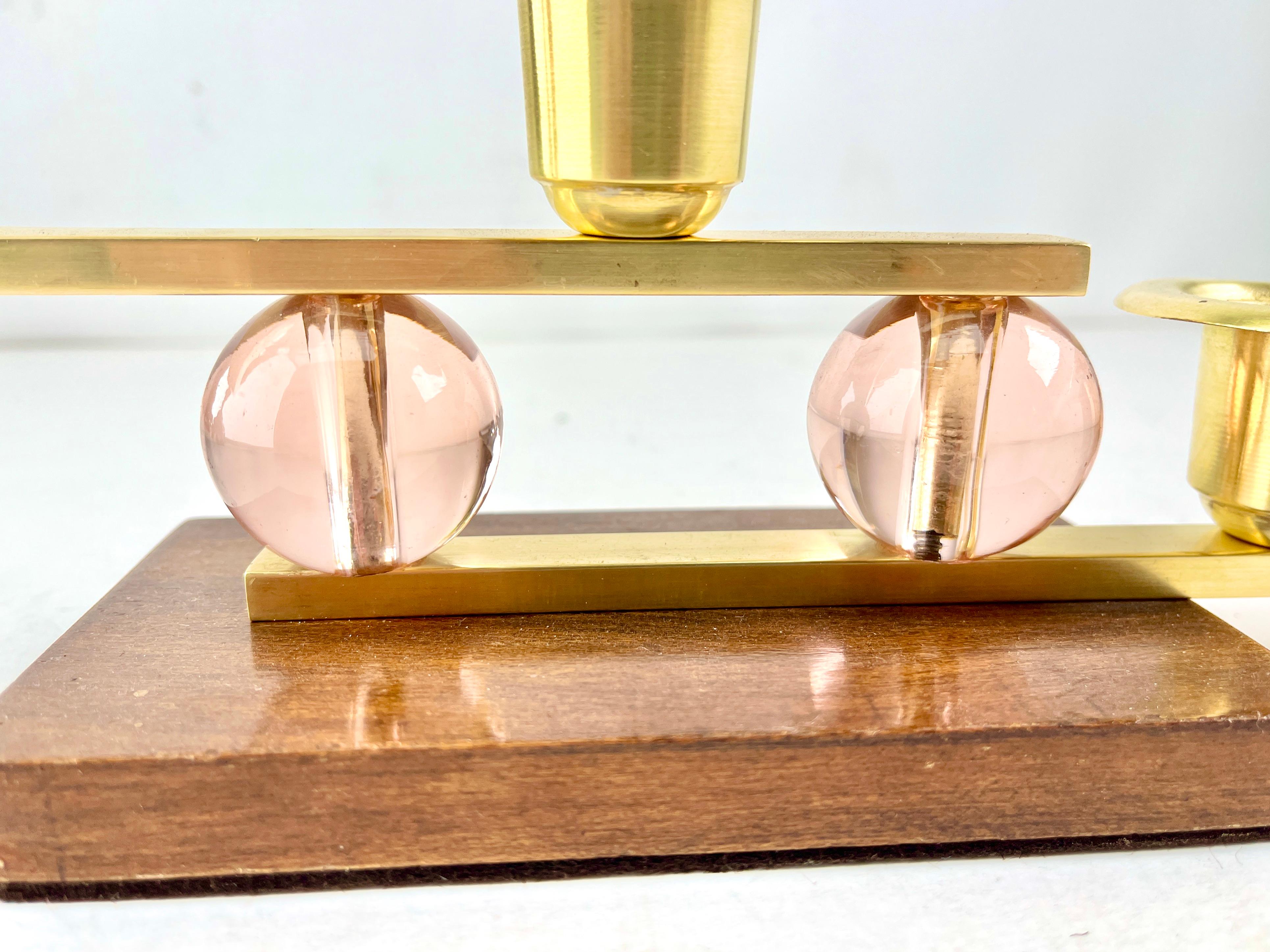 Art Deco Wooden Base and Brass Candlestick whit Glass Details, 1930s In Good Condition For Sale In Verviers, BE