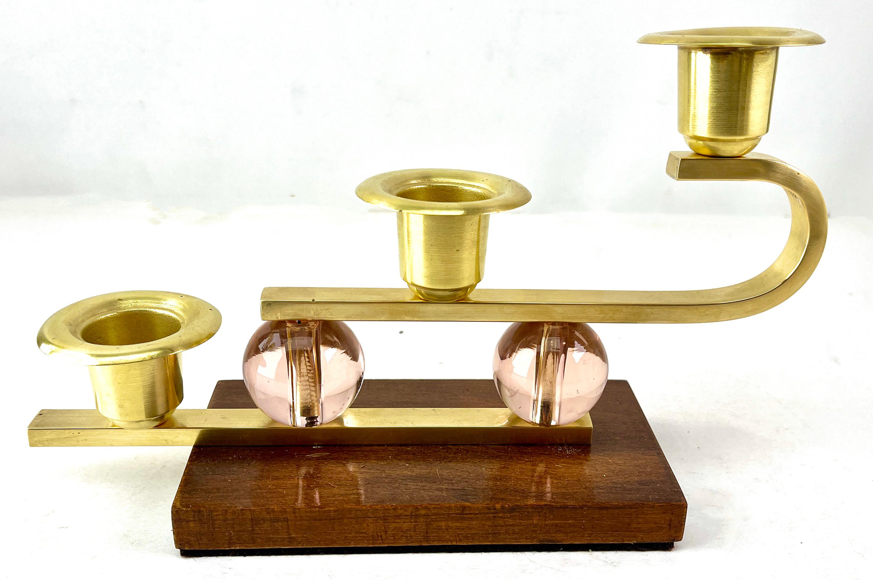 Mid-20th Century Art Deco Wooden Base and Brass Candlestick whit Glass Details, 1930s For Sale