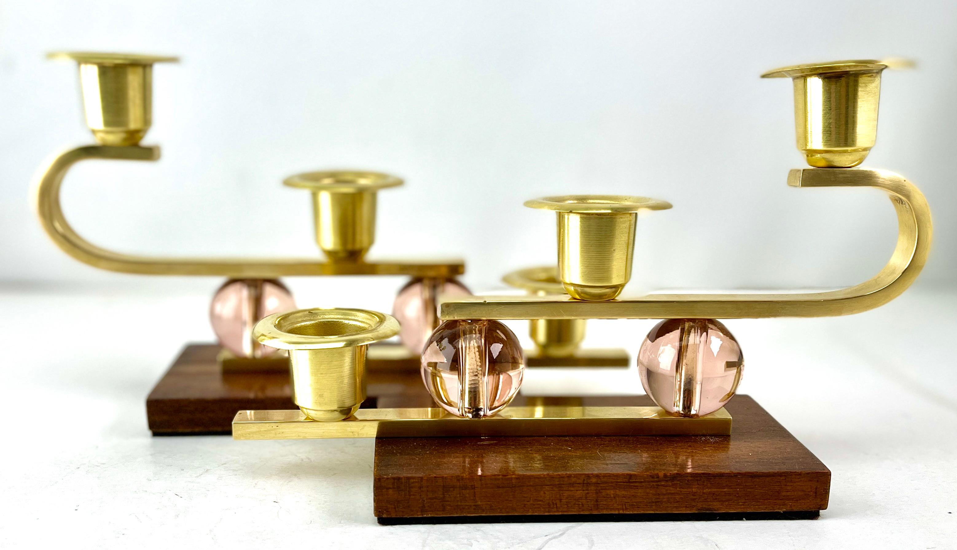 Art Deco Wooden Base and Brass Candlestick whit Glass Details, 1930s For Sale 1