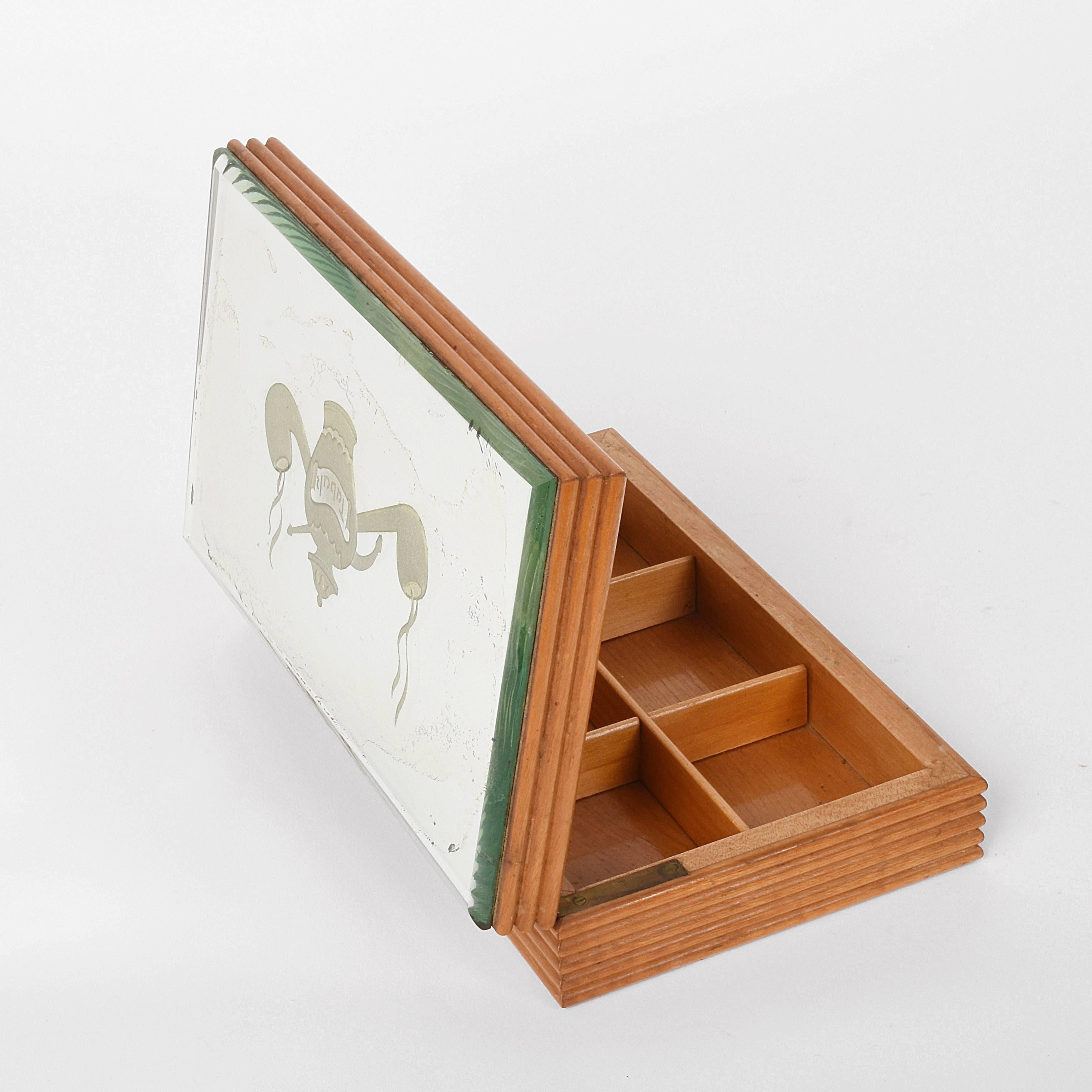 Art Deco Wooden Box with Mirror Top Tobacco Holder, 1940 In Good Condition For Sale In Roma, IT
