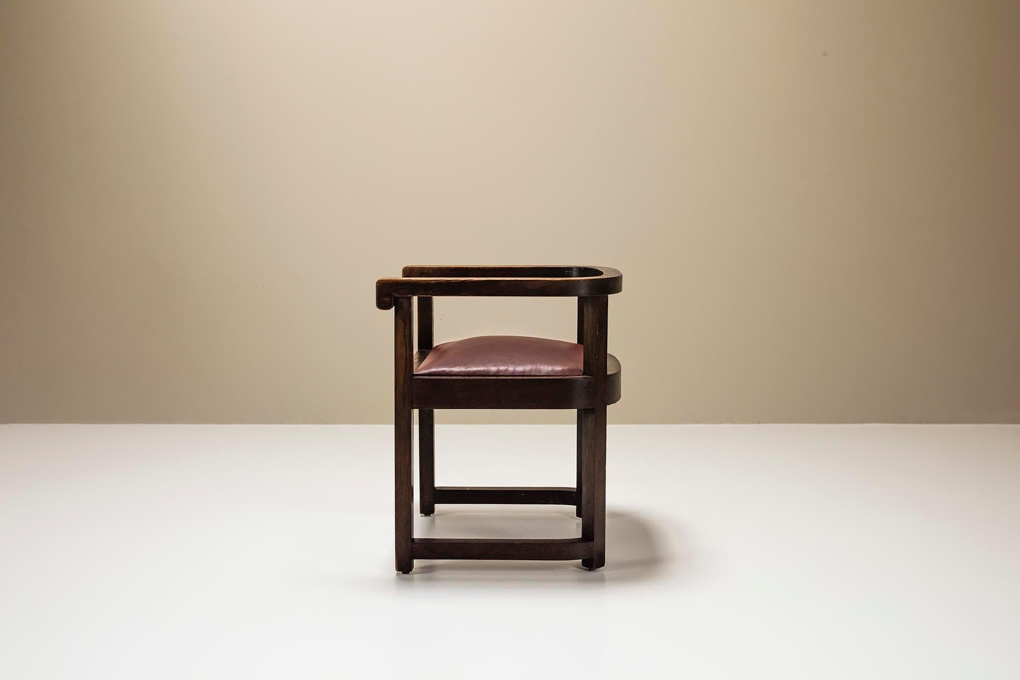 European Art Deco Wooden Chair with Burgundy Leather Seat, 1930s For Sale