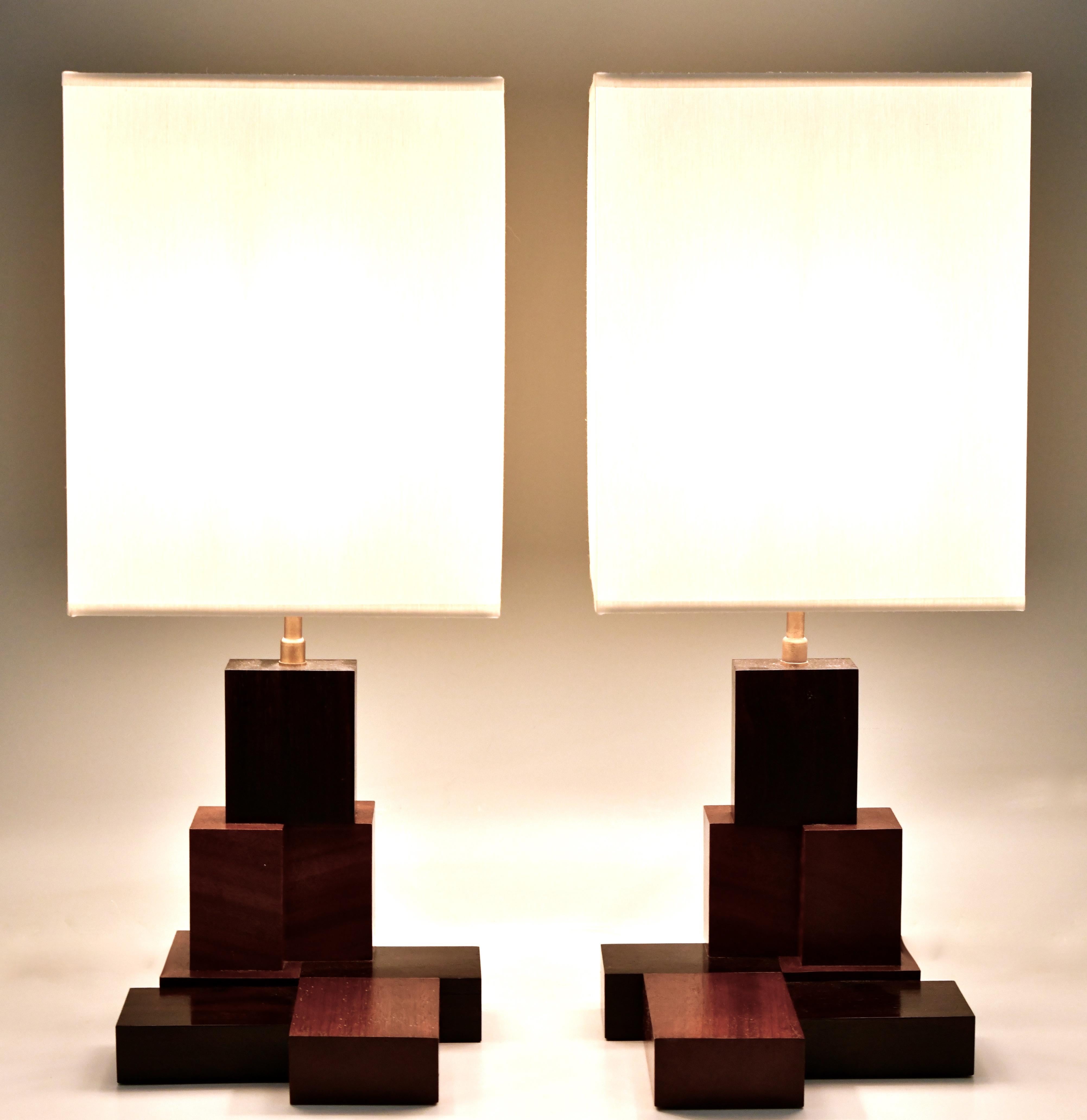 French Art Deco Wooden Constructivist Table Lamps, France, 1925