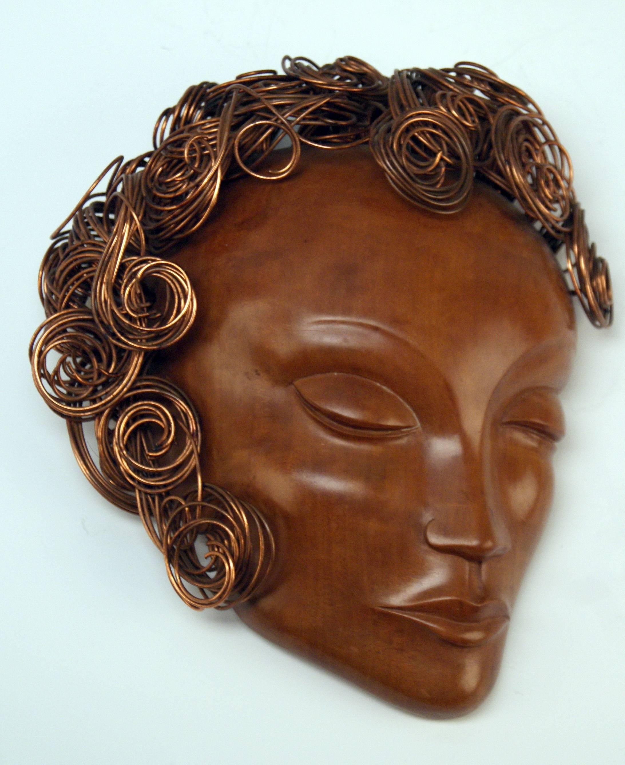 Austrian Art Deco Wooden Head Lady Curled Copper Hair by Hagenauer Vienna Made 1935-1940