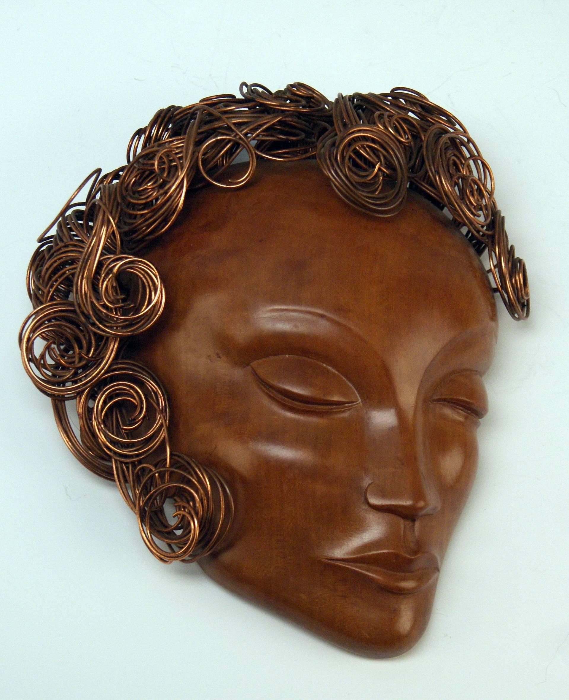 Carved Art Deco Wooden Head Lady Curled Copper Hair by Hagenauer Vienna Made 1935-1940
