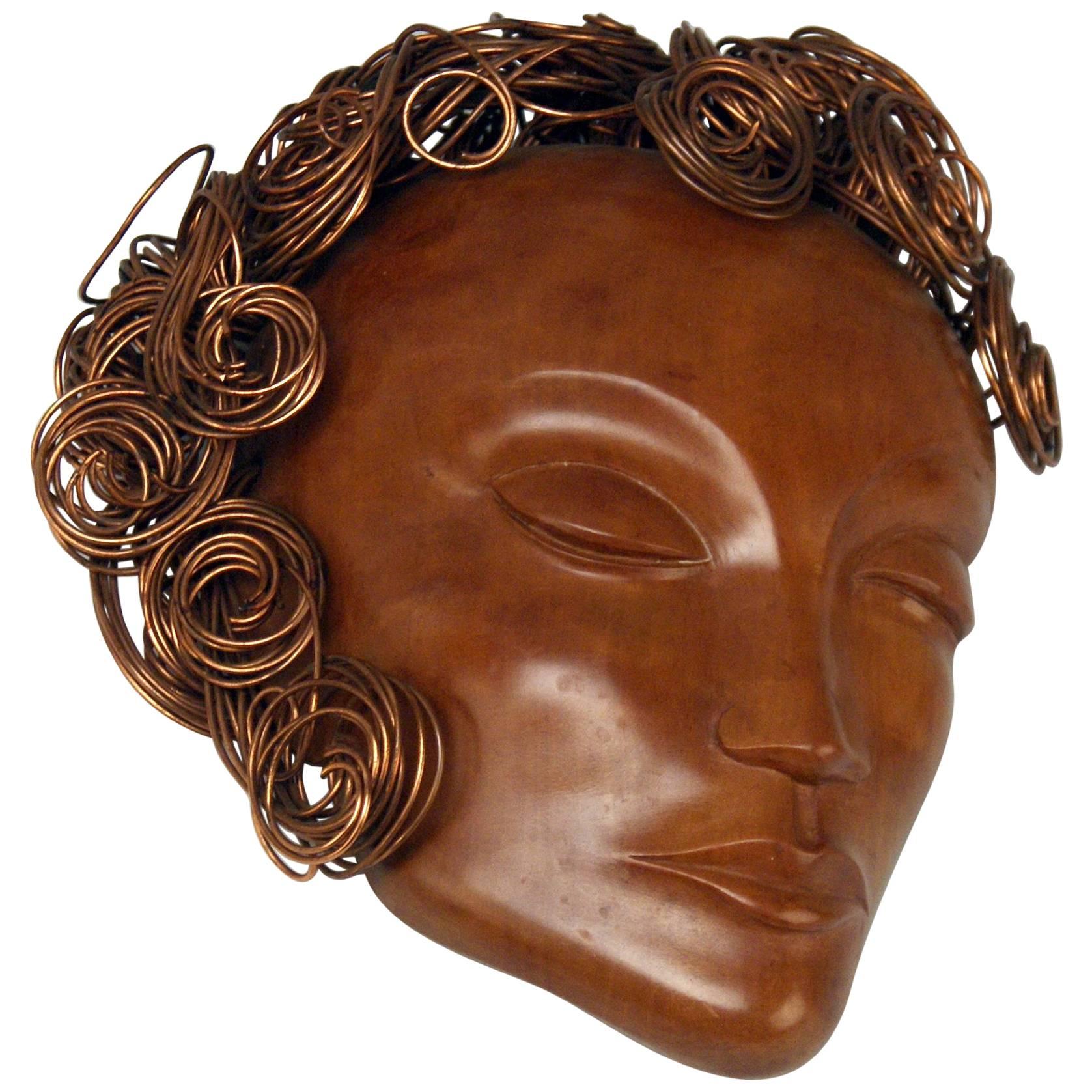 Art Deco Wooden Head Lady Curled Copper Hair by Hagenauer Vienna Made 1935-1940