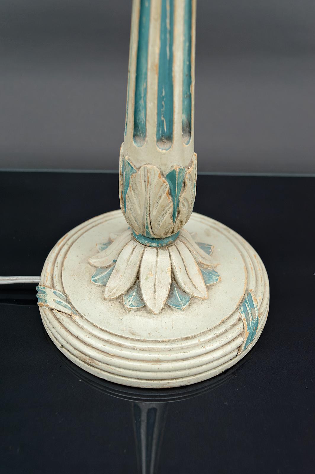 Wood Art Deco wooden lamp painted in white and patinated blue, France, Circa 1920 For Sale