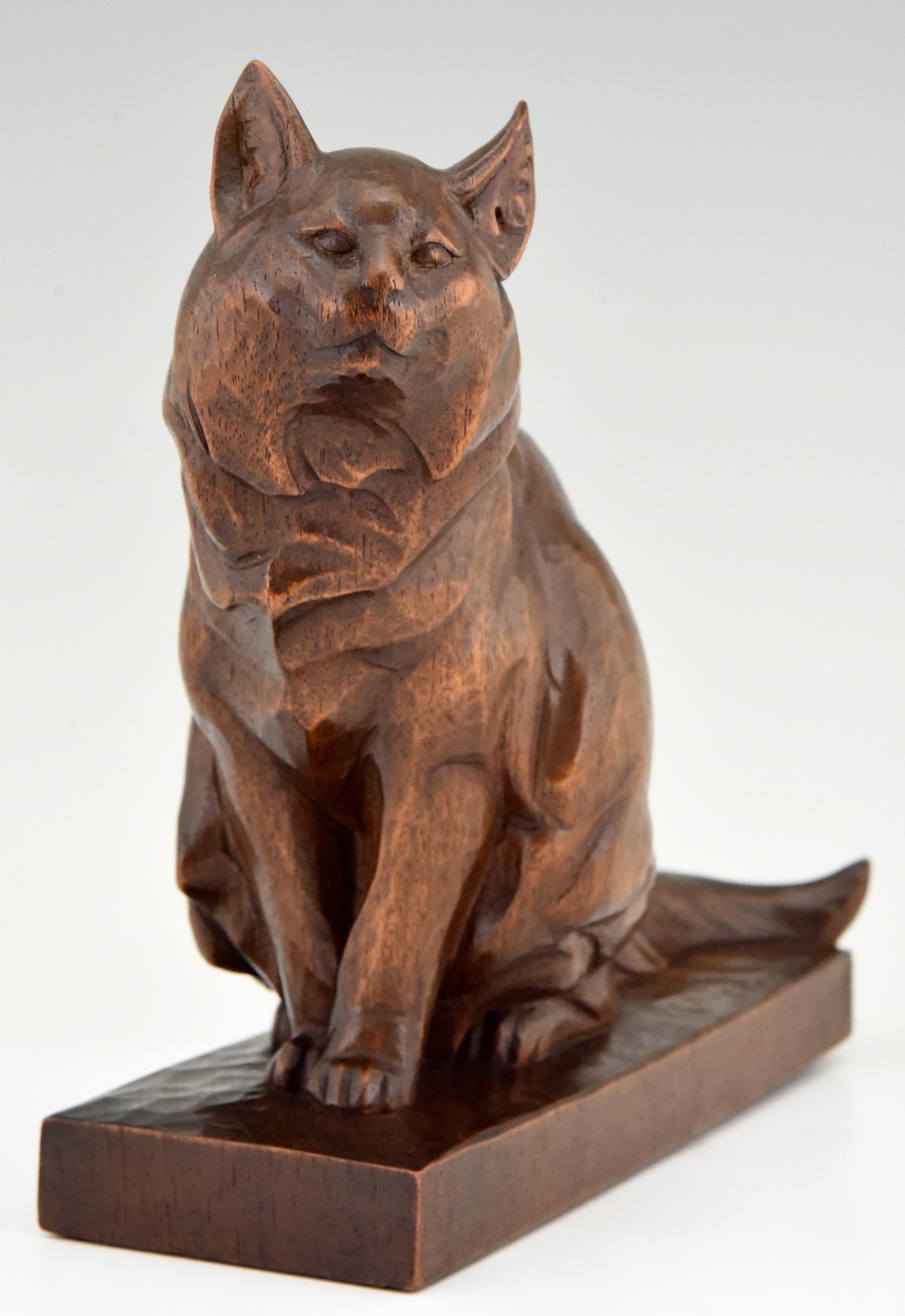 French Art Deco Wooden Sculpture of a Cat Hand Carved Irenee Rochard, France, 1930