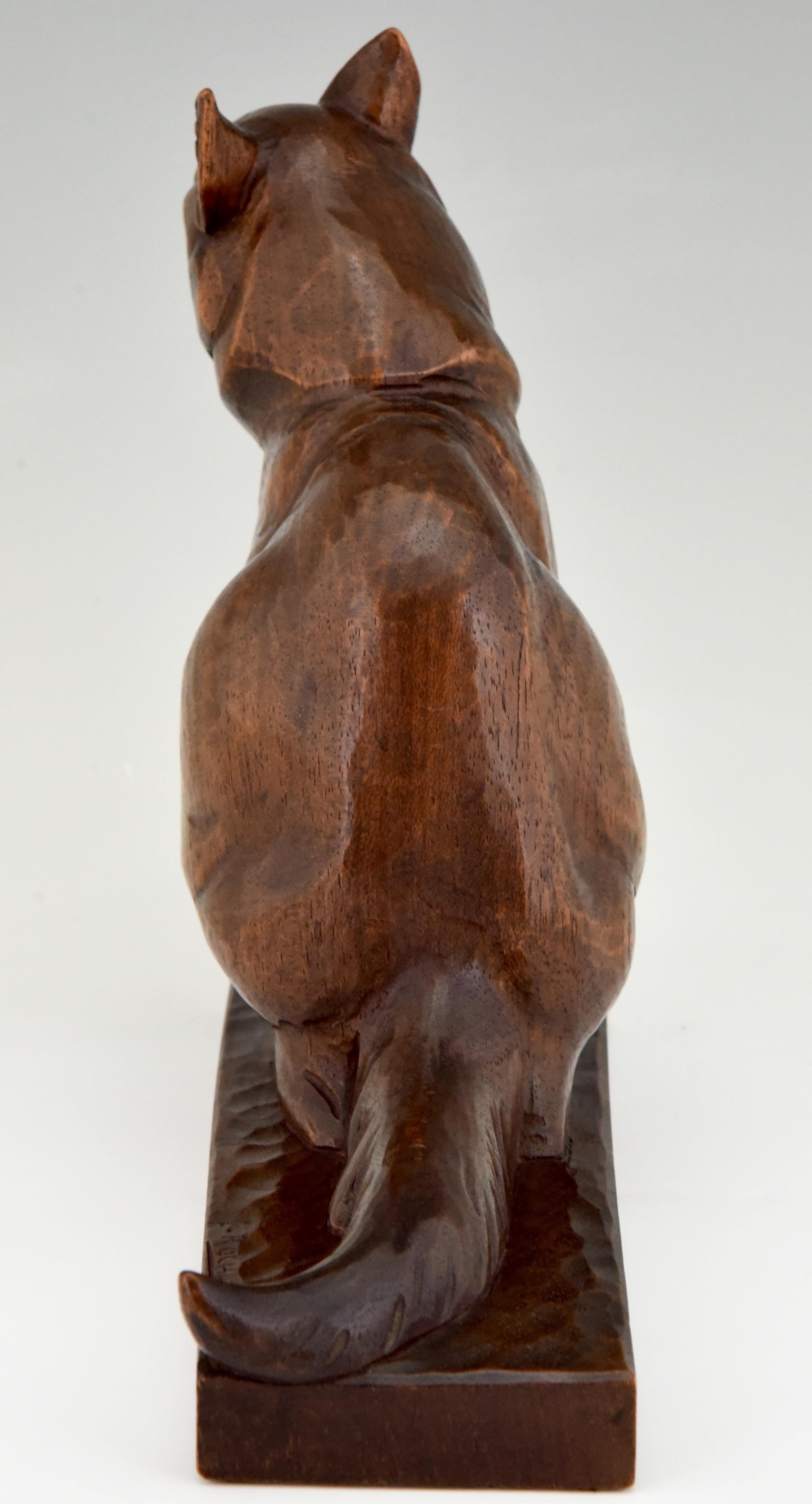Mid-20th Century Art Deco Wooden Sculpture of a Cat Hand Carved Irenee Rochard, France, 1930