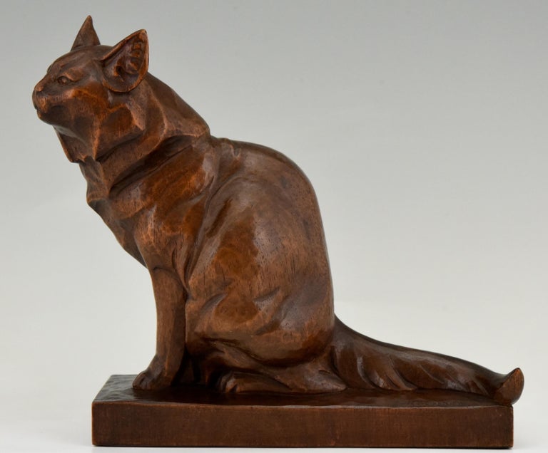 Art Deco Wooden Sculpture of a Cat Hand Carved Irenee Rochard, France