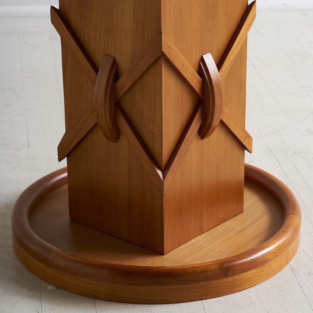 A handsome 1940s French Art Deco side table. Featuring a carved X motif meant to resemble woven leather stitching. 

Dimensions: 20