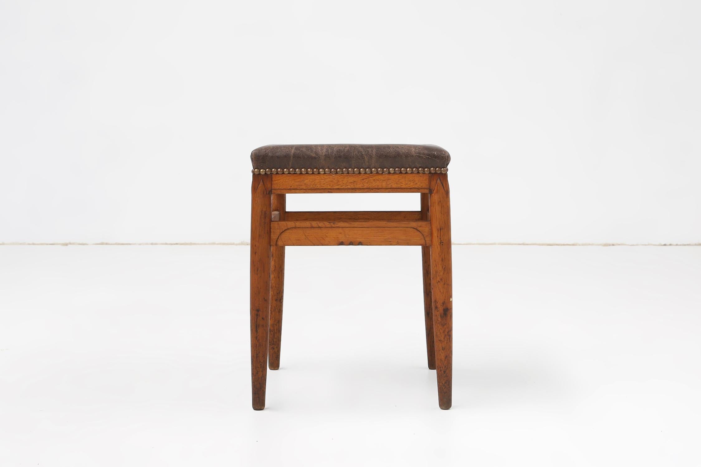 French Art Deco wooden stool with leather top, Belgium ca. 1920 For Sale