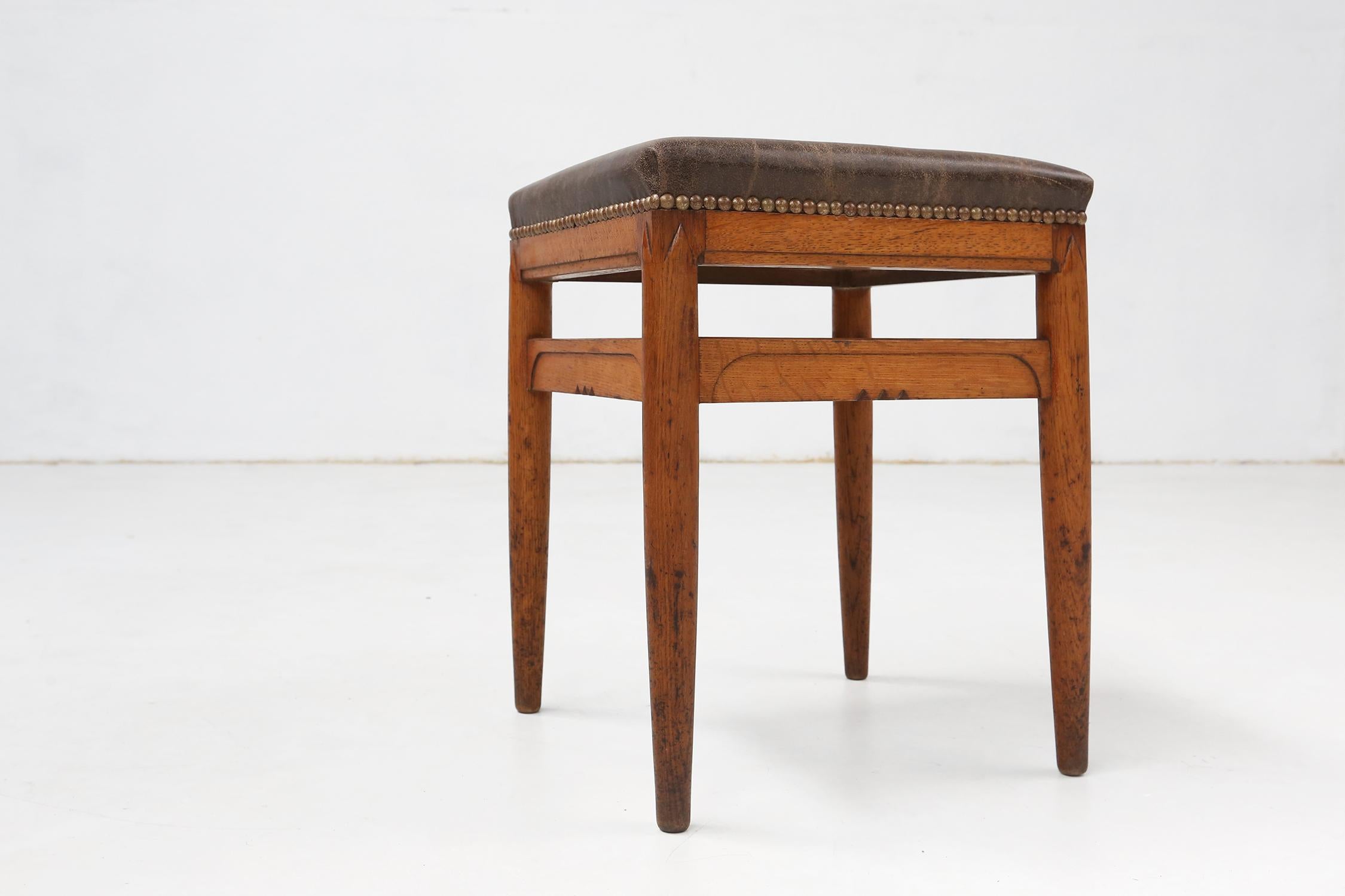 Early 20th Century Art Deco wooden stool with leather top, Belgium ca. 1920 For Sale