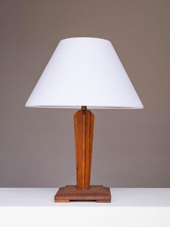 Art Deco Wooden Table Lamp - Oak, Brass & Cotton - France 1930s