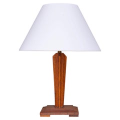 Art Deco Wooden Table Lamp - Oak, Brass & Cotton - France 1930s