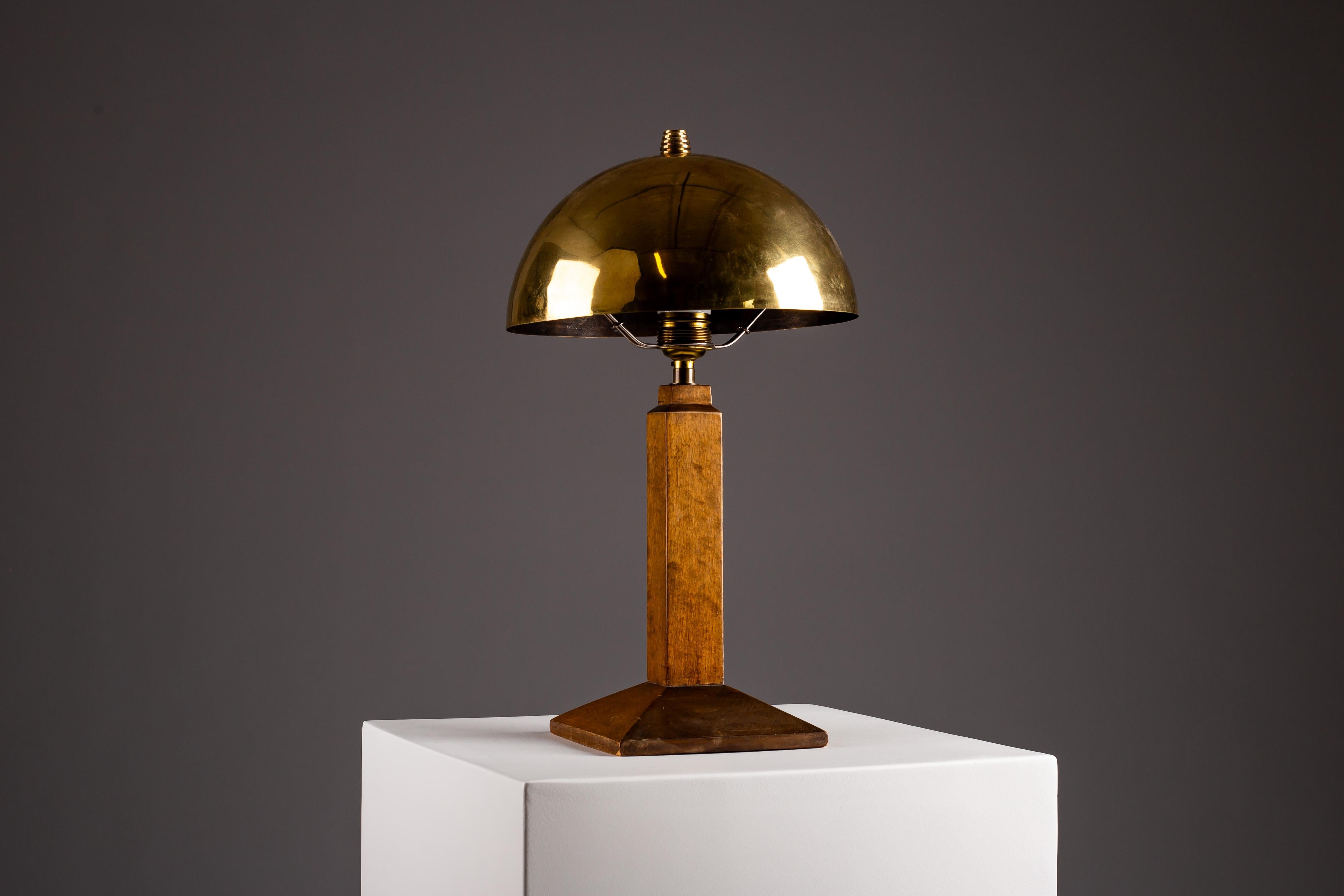Finnish Art Deco wooden table lamp with brass shade For Sale