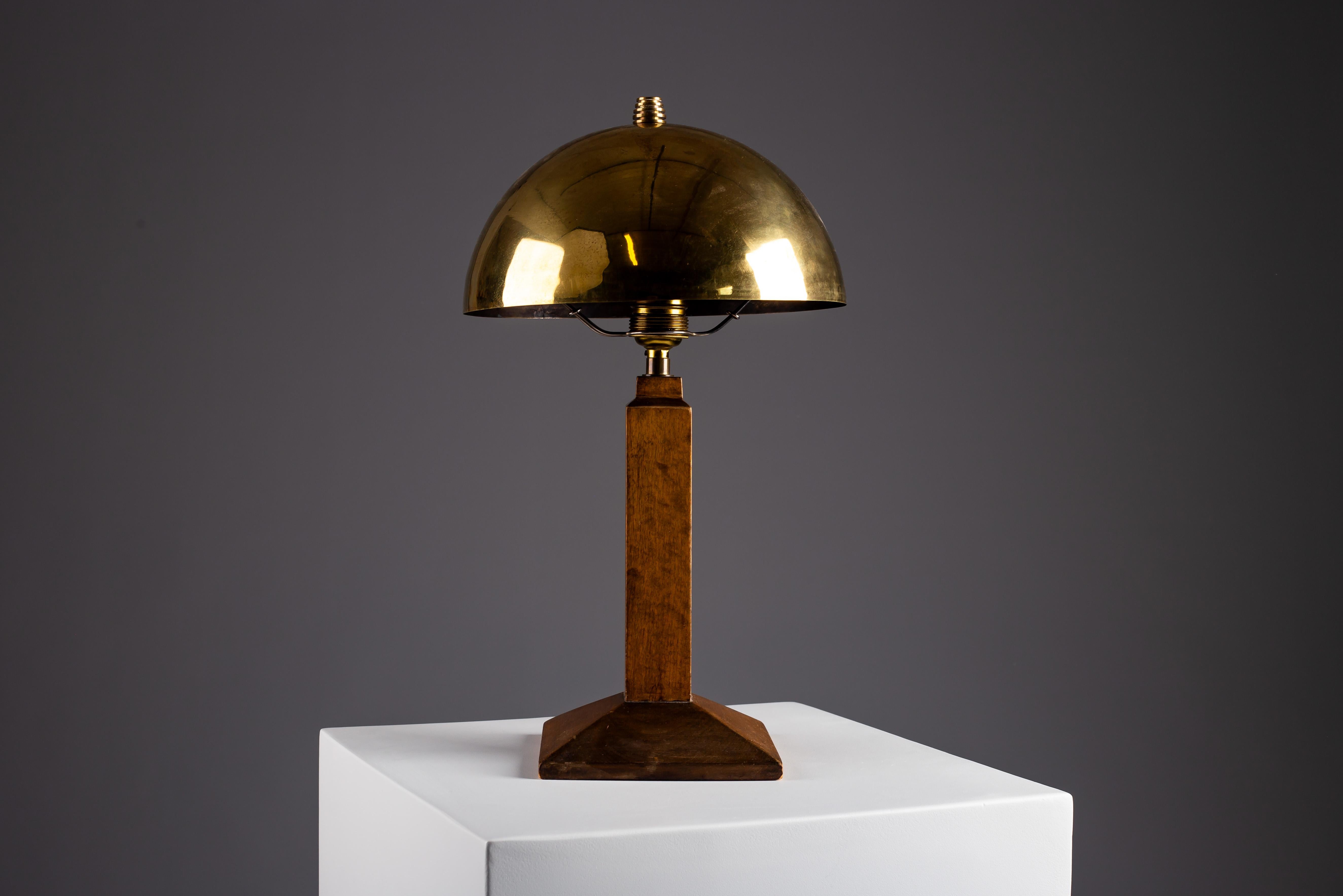 Art Deco wooden table lamp with brass shade For Sale 1