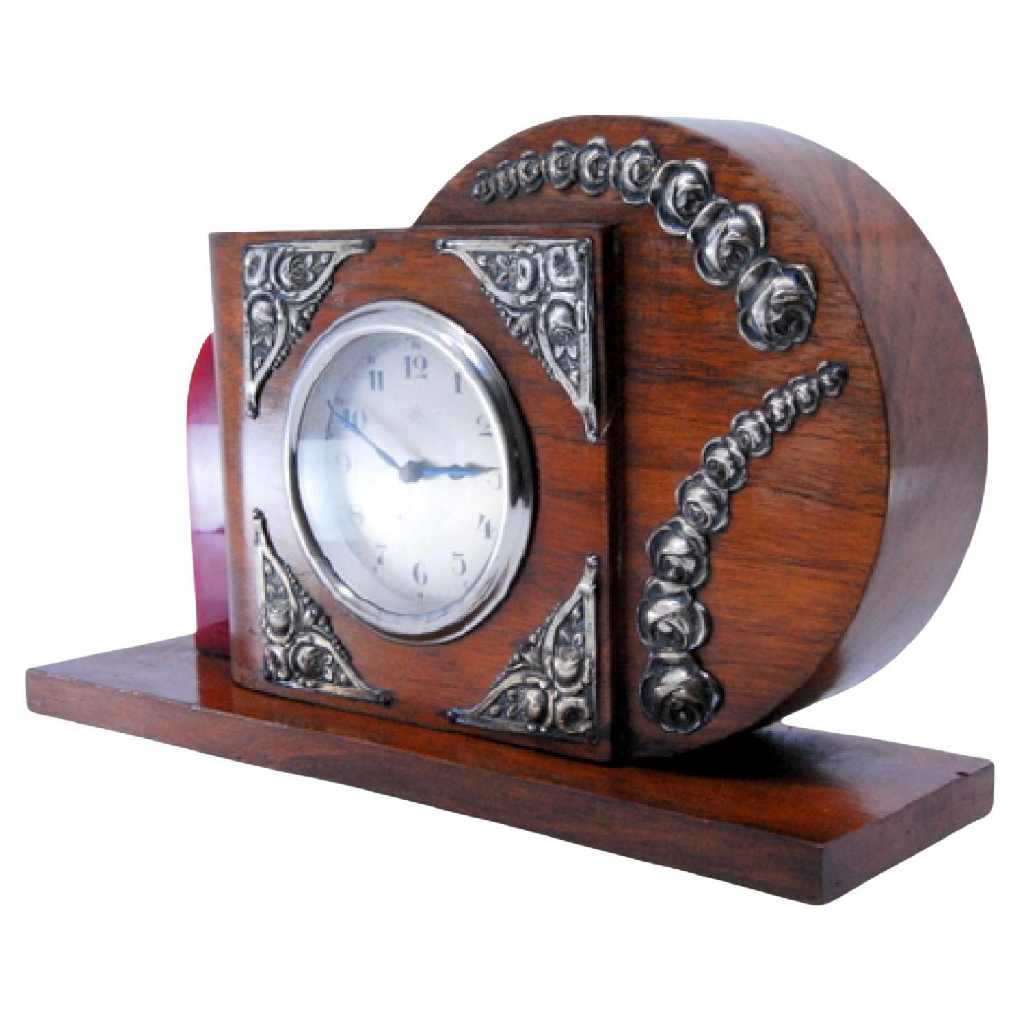 Art deco wooden table regulator clock with silver applications